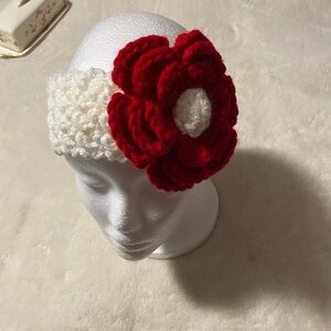Gorgeous Hand Crocheted Child’s Headband/Earwarmer. White With Red Flower.